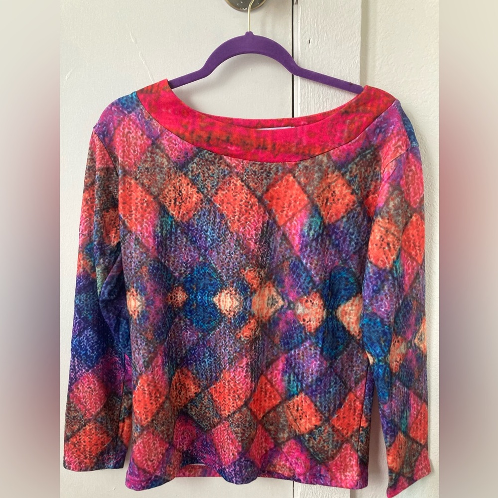 MISSLOOK Geometric Pink and Blue Crew Neck Sweater